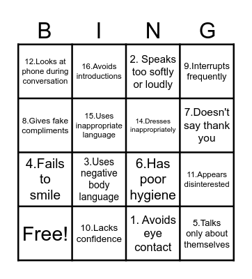 Bad First Impressions Bingo Card