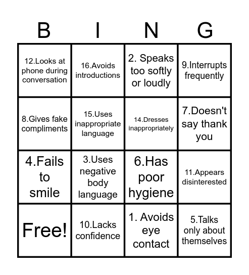 Bad First Impressions Bingo Card