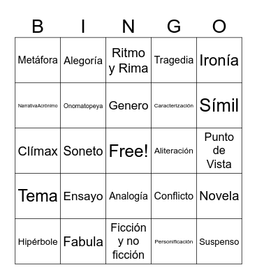 Language Arts Cognates Bingo Card