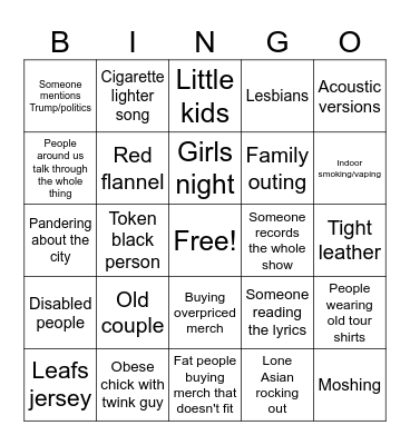 Generic concert Bingo Card