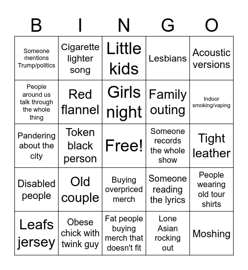 Generic concert Bingo Card