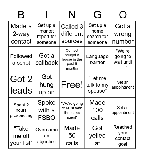 Prospecting Bingo Card