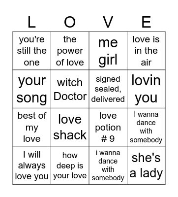 Love Songs Bingo Card