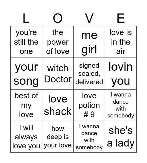 Love Songs Bingo Card