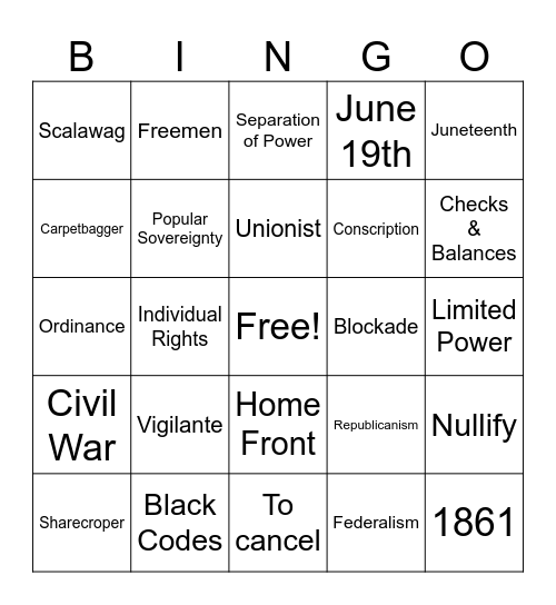 Civil War Bingo Card