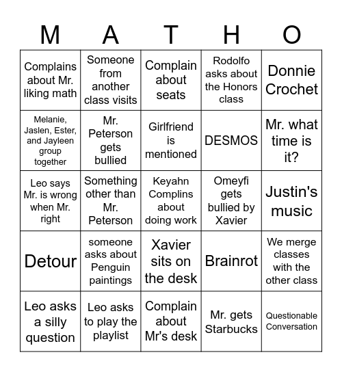 Honors Math Bingo Card
