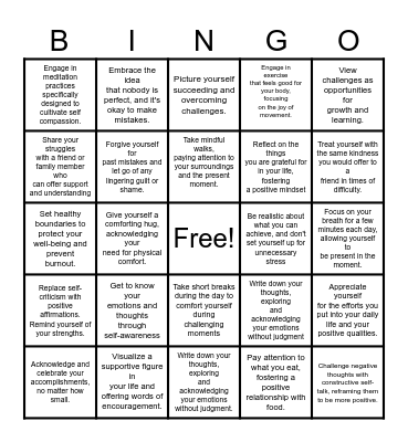 Self Compassion Bingo Card