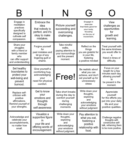 Self Compassion Bingo Card