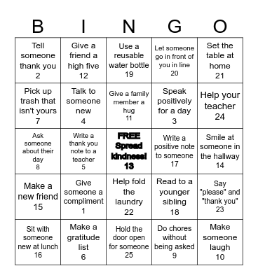 Spread Kindness Bingo Card