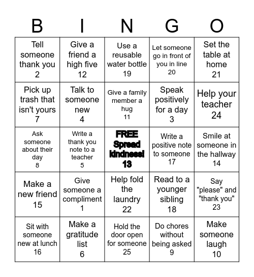 Spread Kindness Bingo Card