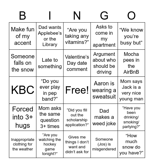 A Lovely Family Visit Bingo Card