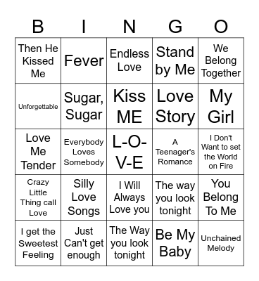 Love Songs Bingo Card
