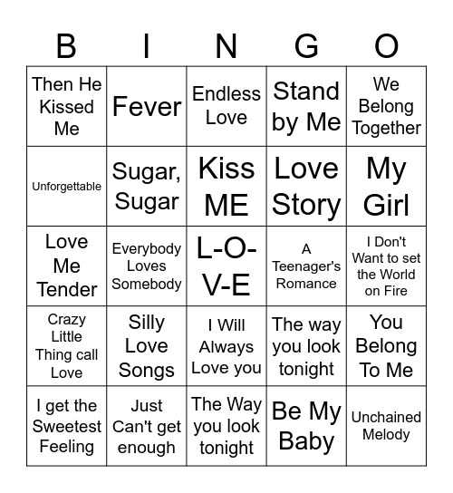 Love Songs Bingo Card