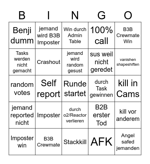 Among Us Bingo Card