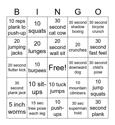 Exercise Bingo Card