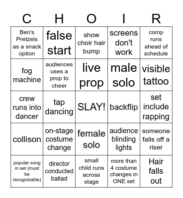 Center Grove Show Choir Bingo Card