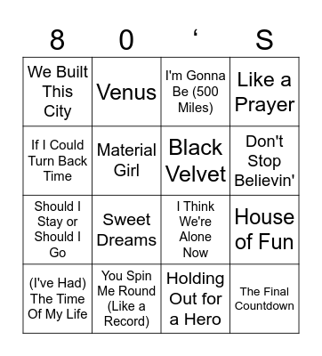 Didi's 80's Bingo!!! Bingo Card