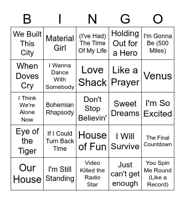 Didi's 80's Bingo Card