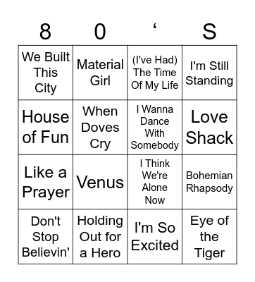 Didi's 80's Bingo Card