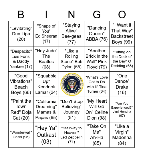President's Day Music Bingo Card