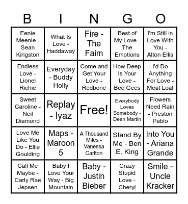 ❤️Love Song Bingo❤️ Bingo Card