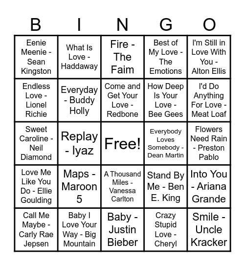 ❤️Love Song Bingo❤️ Bingo Card