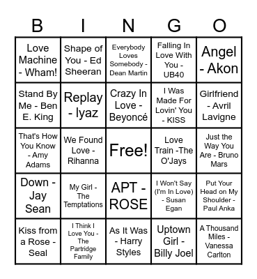 ❤️Love Song Bingo❤️ Bingo Card