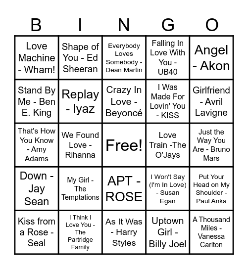 ❤️Love Song Bingo❤️ Bingo Card