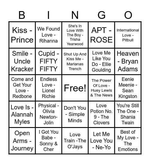 ❤️Love Song Bingo❤️ Bingo Card