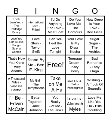 ❤️Love Song Bingo❤️ Bingo Card