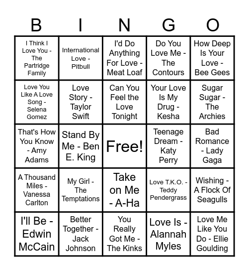 ❤️Love Song Bingo❤️ Bingo Card