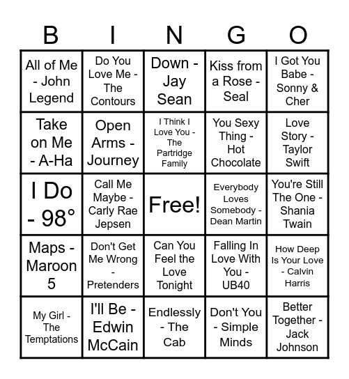 ❤️Love Song Bingo❤️ Bingo Card