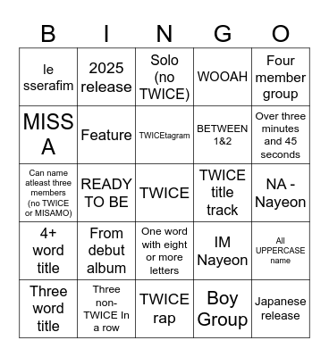 Songs Bingo Card