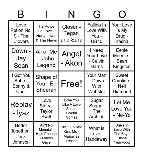❤️Love Song Bingo❤️ Bingo Card