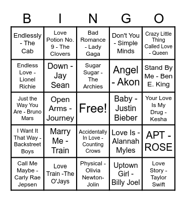 ❤️Love Song Bingo❤️ Bingo Card