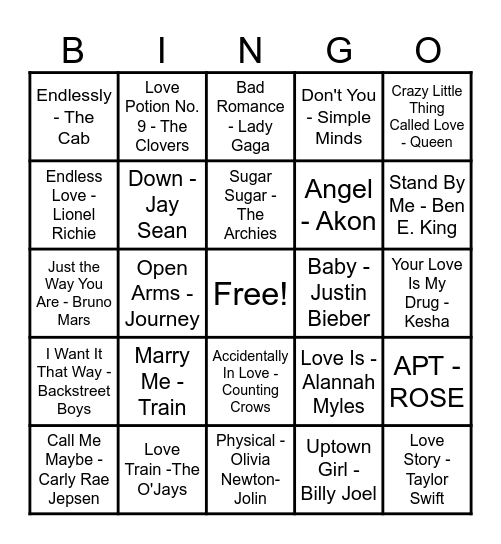 ❤️Love Song Bingo❤️ Bingo Card