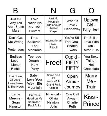 ❤️Love Song Bingo❤️ Bingo Card