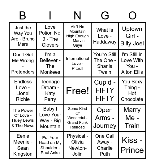 ❤️Love Song Bingo❤️ Bingo Card