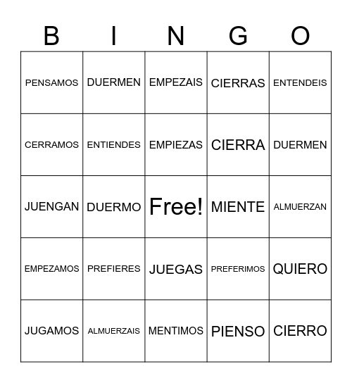 Stem changes Bingo Card