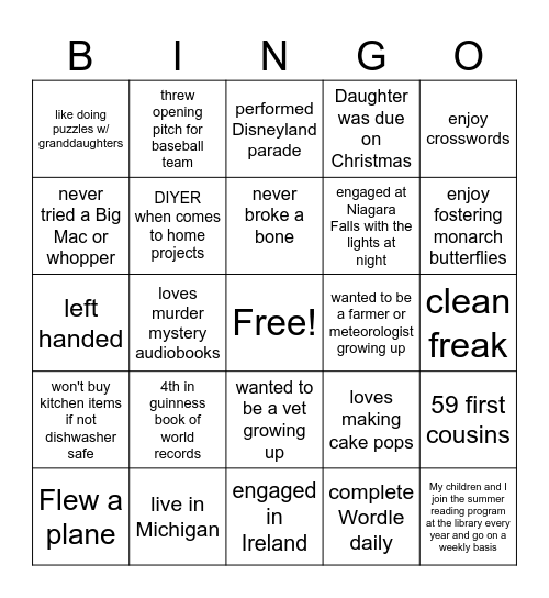 Fun facts Bingo Card