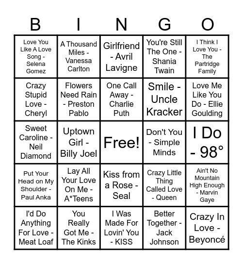 ❤️Love Song Bingo❤️ Bingo Card