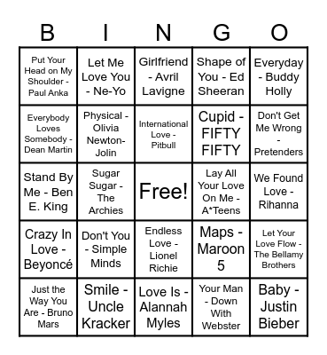 ❤️Love Song Bingo❤️ Bingo Card