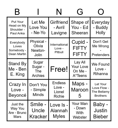 ❤️Love Song Bingo❤️ Bingo Card