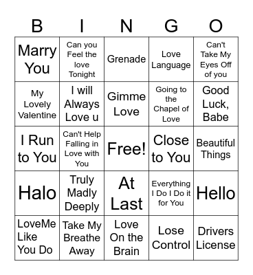 LOVE SONG BINGO Card