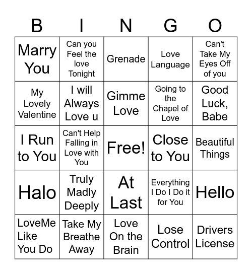 LOVE SONG BINGO Card