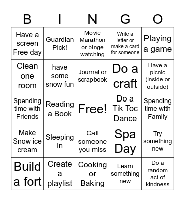 Winter Break Bingo Card