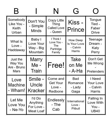 ❤️Love Song Bingo❤️ Bingo Card