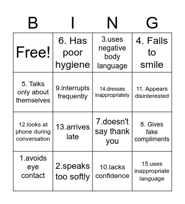 Bad First Impressions Bingo Card