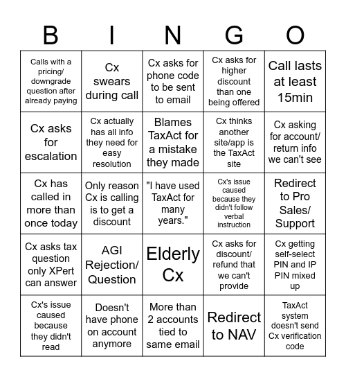 TaxAct Account Support Bingo Card
