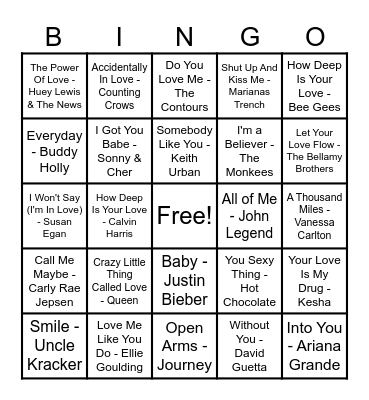 ❤️Love Song Bingo❤️ Bingo Card